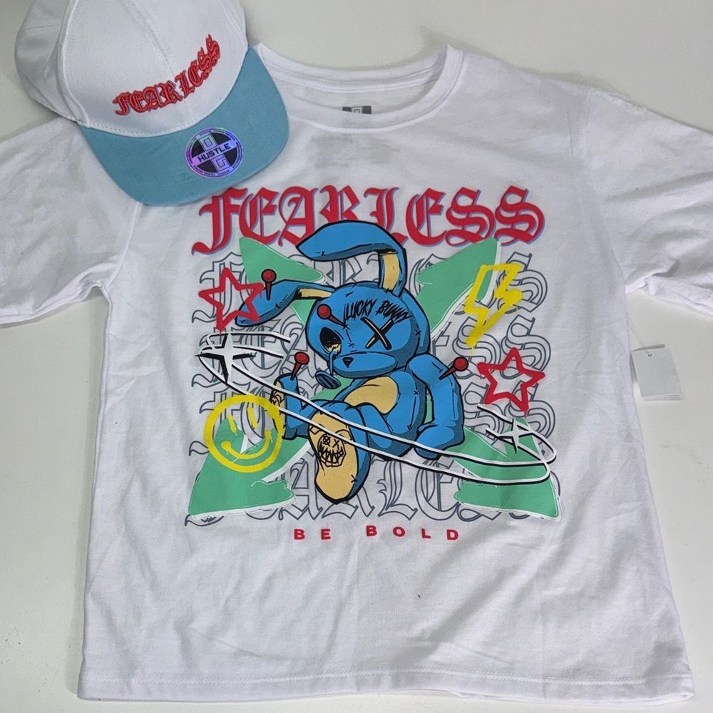 Lucky Bear Kids Graphic Tee - White & hat Sz L 10-12 NWT
